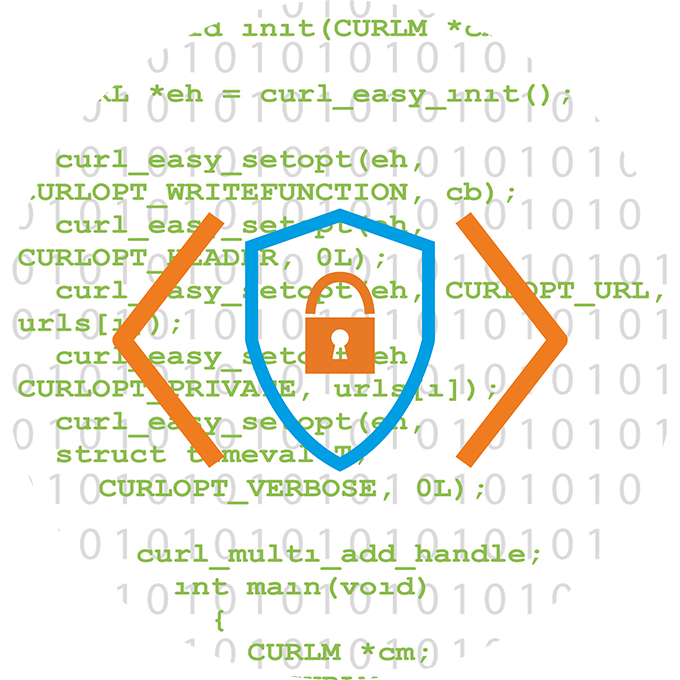 Symbolbild Secure Coding. Zu sehen: Codezeilen im Hintergrund. Davor ein Schlosssymbol, das für das Thema Security steht.